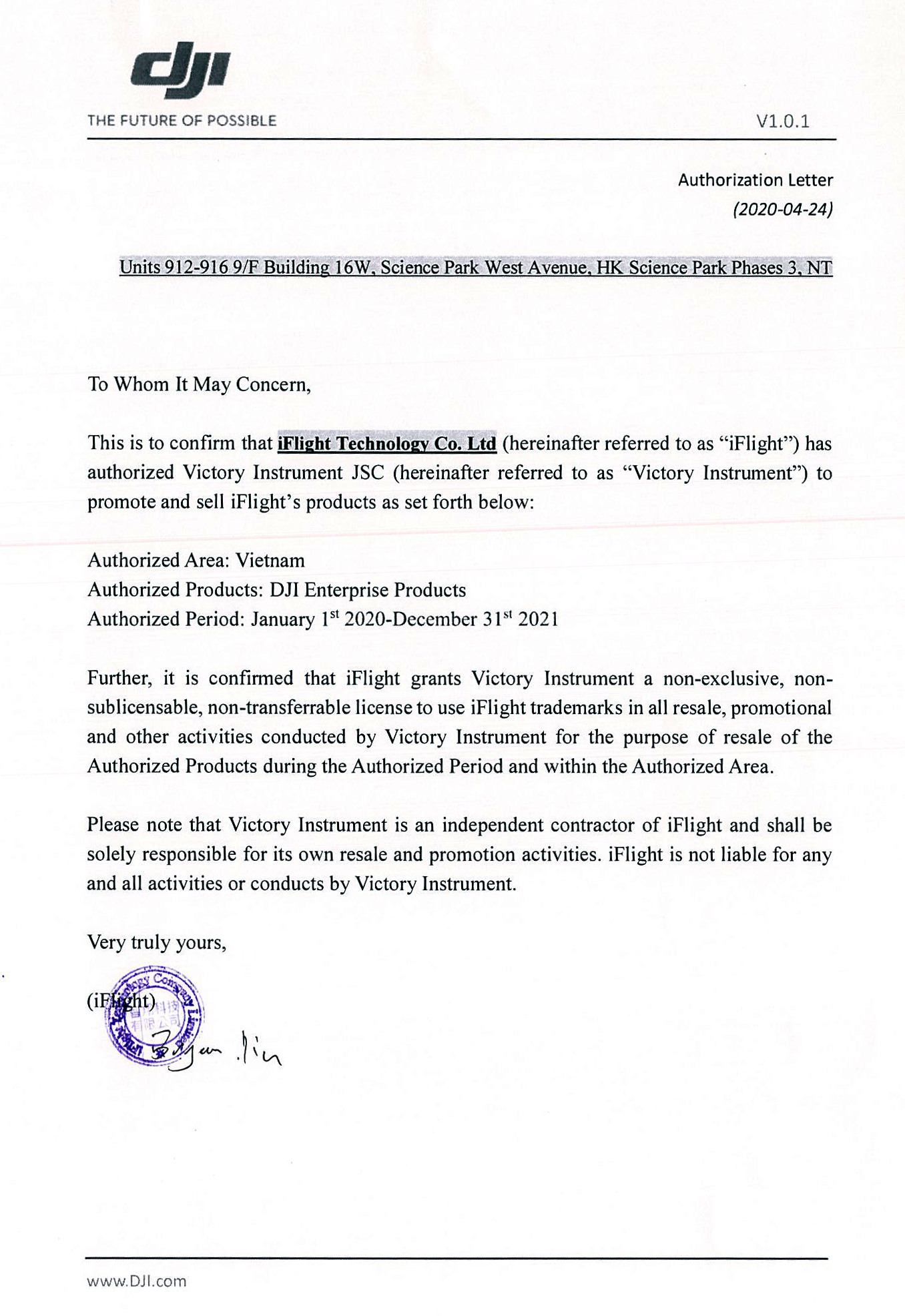 DJI Authorization letter to Victory - DJI Matrice 30 - Chính Hãng Thắng Lợi Victory Phân Phối