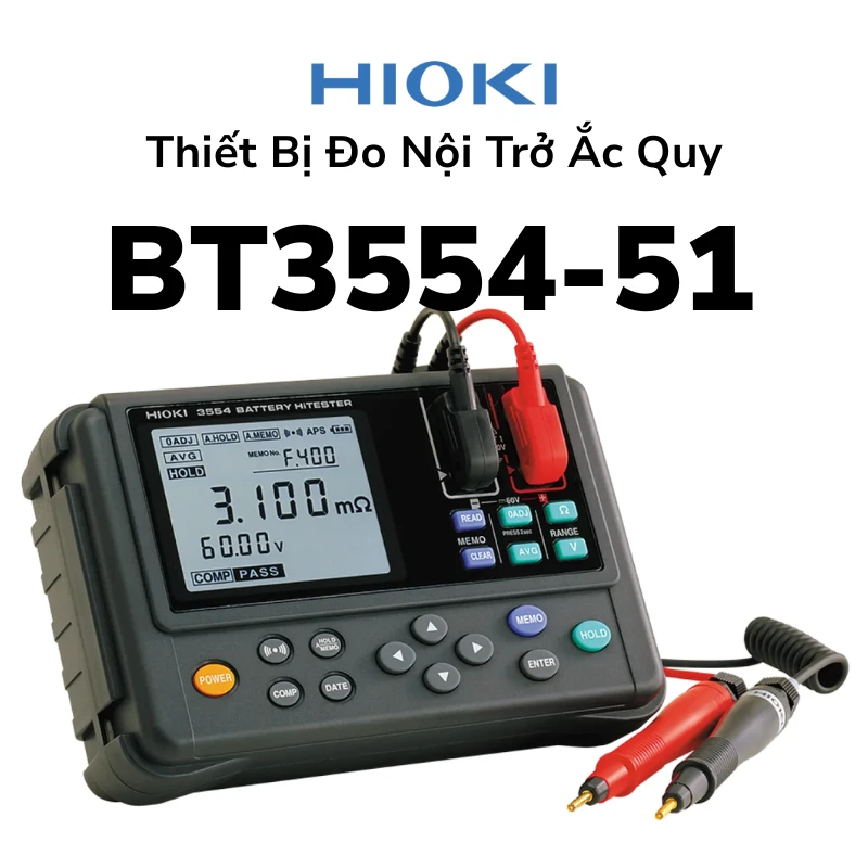 Thiết Bị Đo Nội Trở Ắc Quy Hioki BT3554-51 Hioki BT3554-51 đo nội trở ắc quy 3mΩ–3Ω (AC-IR 1kHz) và điện áp DC ±60V. Auto Hold/Memory, lưu 6000 dữ liệu.