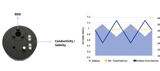 Bù độ mặn tích hợp giúp duy trì độ chính xác của phép đo DO khi salinity biến động.