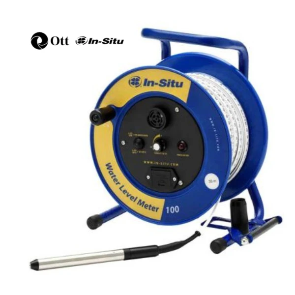 Water Level Meter 100 dùng băng polyethylene gia cường Kevlar, đầu dò IP68, đo static/drawdown và xác định đáy giếng đến độ sâu 300 m.